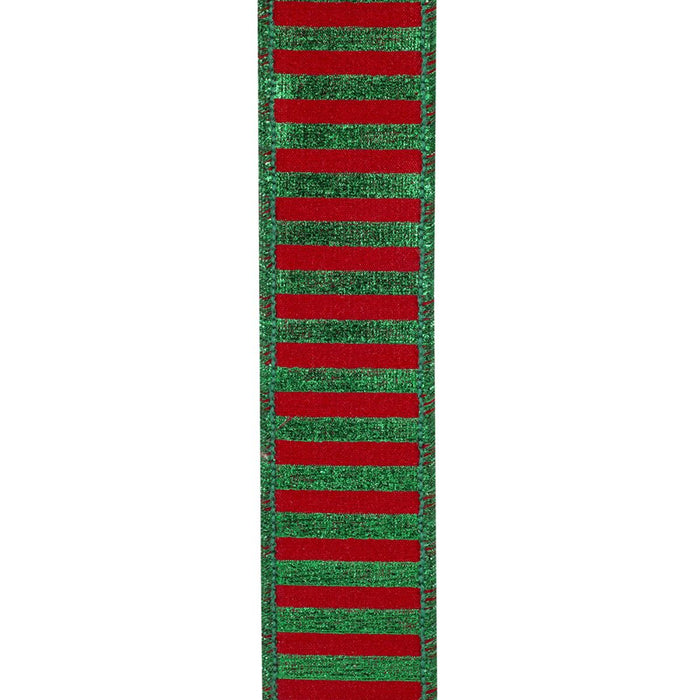 Red and green glitter stripe wired Christmas ribbon with solid red backing, 1.5 inches wide by 5 yards, SKU 94586W-985-09D.