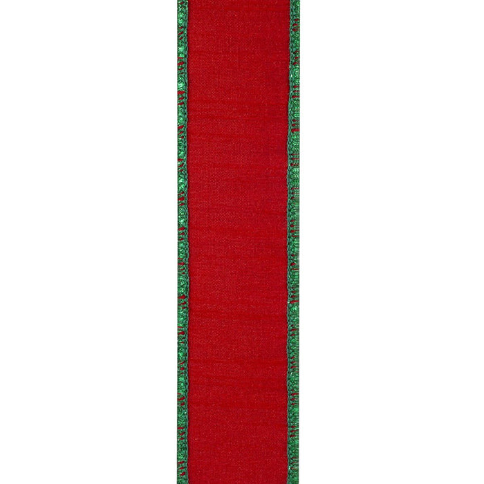 Red and green glitter stripe wired Christmas ribbon with solid red backing, 1.5 inches wide by 5 yards, SKU 94586W-985-09D.