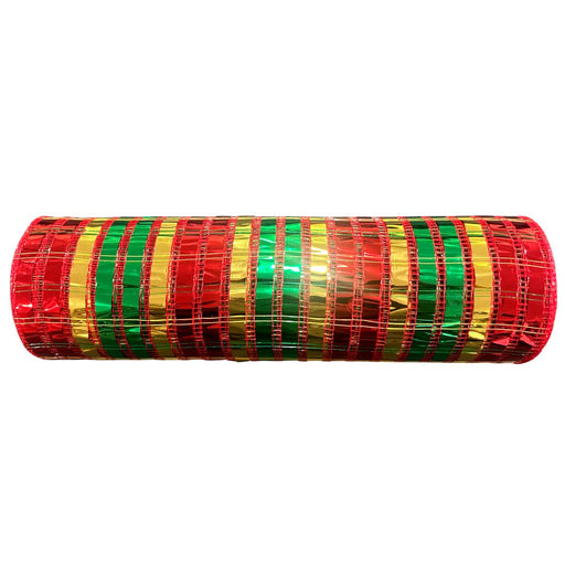 Red, green and gold wide metallic stripe mesh roll for Christmas wreath making, 10 inches x 10 yards, SKU XB266310-15.
