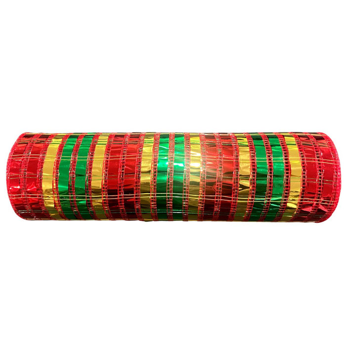 Red, green and gold wide metallic stripe mesh roll for Christmas wreath making, 10 inches x 10 yards, SKU XB266310-15.