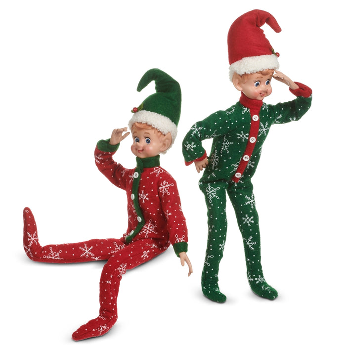 Add a festive touch to your decor with the 18″ Red or Green Pajama Posable Christmas Elf from RAZ Imports (4602315). Featuring cheerful expressions, pointed hats, and snowflake-patterned pajamas—one elf in bright red sitting with legs outstretched, and another in green standing and saluting—these charming posable elves make an enchanting addition to your holiday tree or seasonal display.