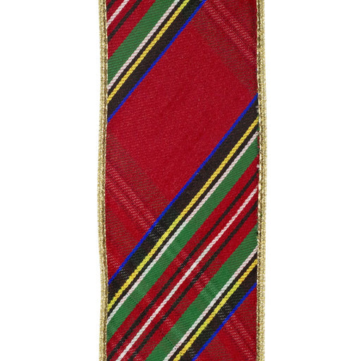Red plaid wired Christmas ribbon with green, black, blue and gold stripes, metallic gold edge and solid gold backing, 2.5 inches x 5 yards, SKU 94592W-985-40D.