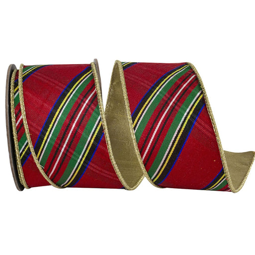 Red plaid wired Christmas ribbon with green, black, blue and gold stripes, metallic gold edge and solid gold backing, 2.5 inches x 5 yards, SKU 94592W-985-40D.