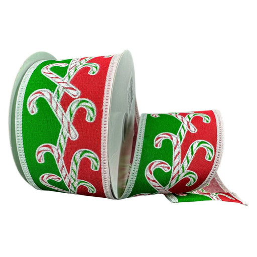 Red and green wired Christmas ribbon with oversized white candy canes and iridescent glitter accents.
