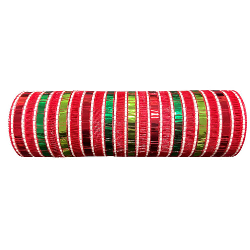 Red, green and white wide metallic stripe mesh roll for Christmas wreath making, 10 inches x 10 yards, SKU XB266310-09.