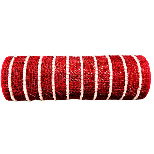 Red heavy metallic mesh roll with raised white snowball stripes, 10 inches x 10 yards for Christmas wreath making, SKU XB254610-12.