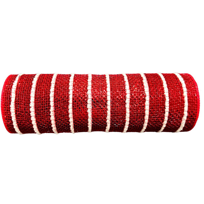 Red heavy metallic mesh roll with raised white snowball stripes, 10 inches x 10 yards for Christmas wreath making, SKU XB254610-12.