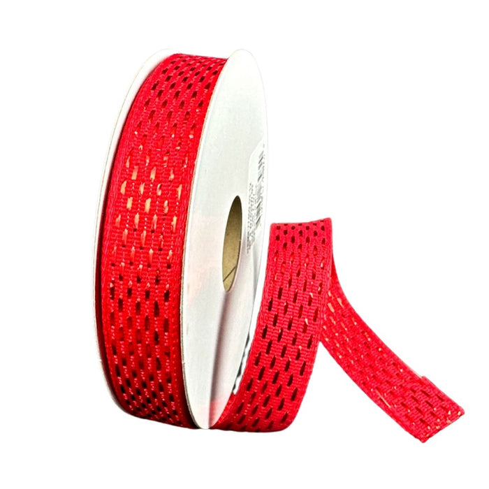 Red iridescent metallic dash weave wired ribbon 5/8 inch 25 yard roll for wreath making and DIY crafts SKU 47508-03-12