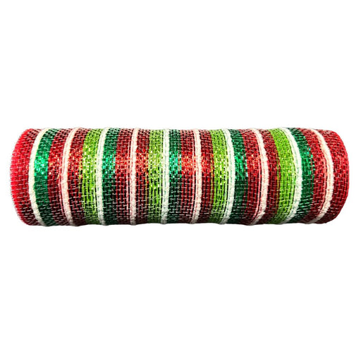 10 inch metallic stripe wreath mesh in red, lime, emerald, and white with fuzzy accents, 10-yard roll for wreath making, swags, garlands, and Christmas decorating.