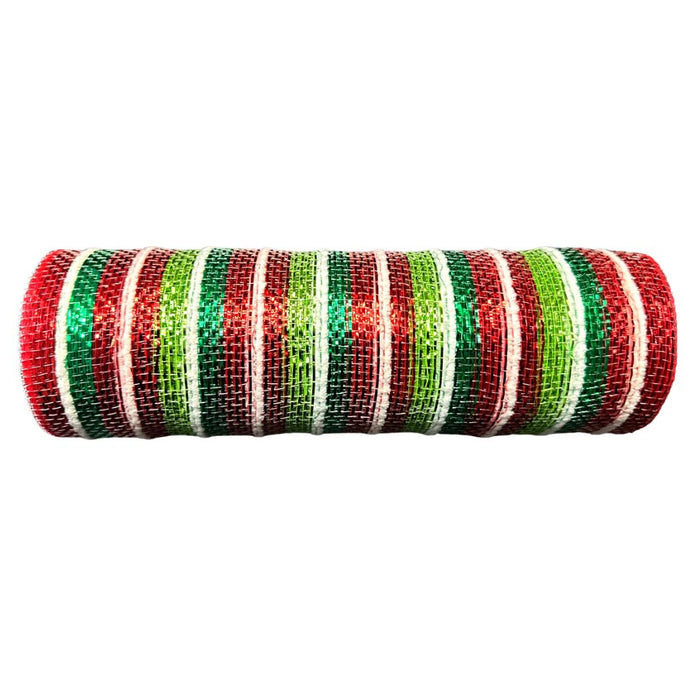 10" x 10 yards red, lime, emerald green, metallic stripe mesh with white fuzz. This mesh is ideal for Christmas mesh wreaths, but works for summertime watermelon wreaths too!