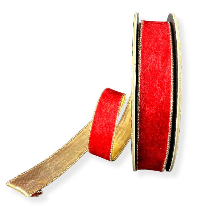 Red lush velvet wired ribbon with metallic gold backing, 1 inch by 10 yards.