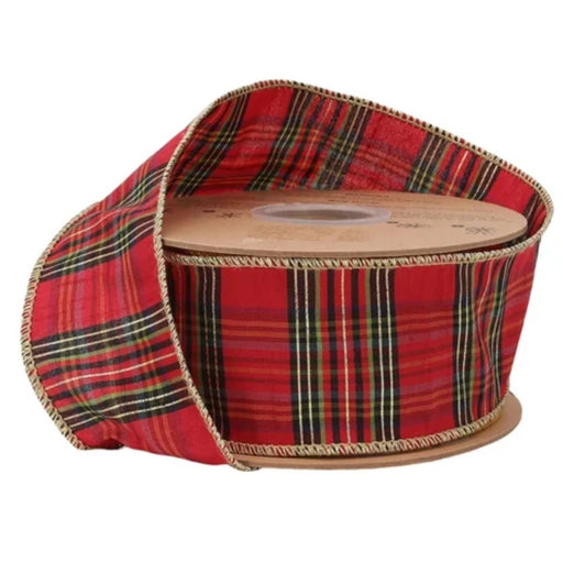 A spool of Wired Red Metallic Plaid Ribbon (2.5 Inches x 10 Yards, 9870W-277-63E) features a classic tartan pattern in red, green, yellow, and black with gold trim—ideal for gift wrapping during the holidays or adding a festive touch to your Christmas wreath.
