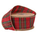A spool of Wired Red Metallic Plaid Ribbon (2.5 Inches x 10 Yards, 9870W-277-63E) features a classic tartan pattern in red, green, yellow, and black with gold trim—ideal for gift wrapping during the holidays or adding a festive touch to your Christmas wreath.