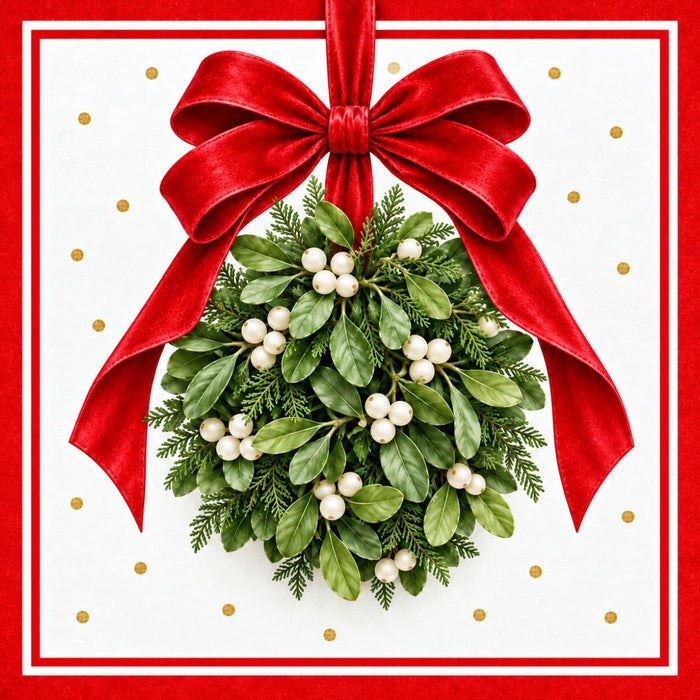Red mistletoe kissing ball Christmas metal sign with greenery and a red velvet bow