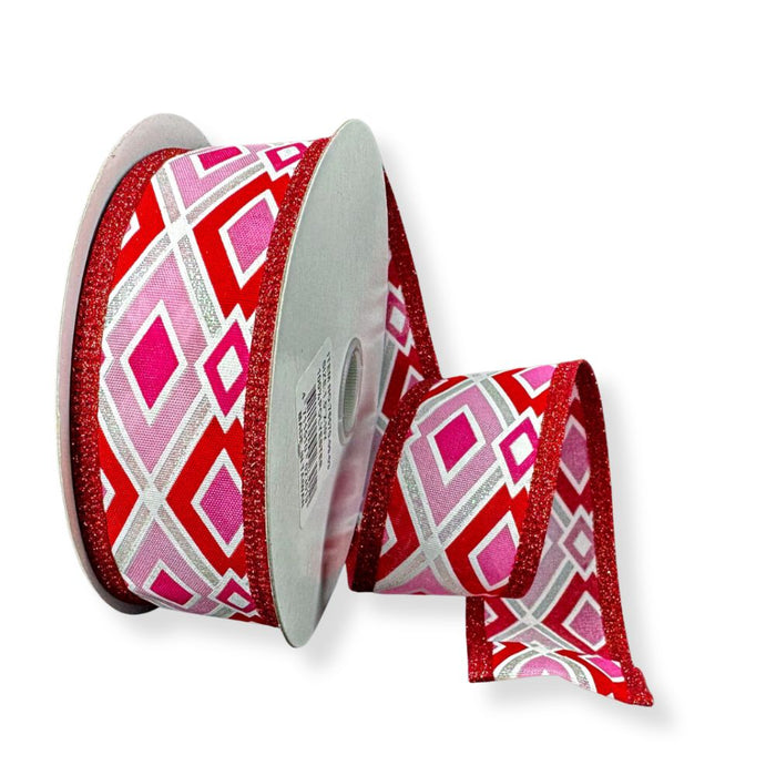 1.5-inch wired ribbon with overlapping red, pink, and white diamonds, iridescent metallic accents, and red glitter edges on a 10-yard roll.