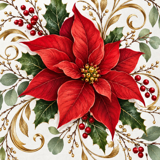 Red poinsettia with holly, berries, eucalyptus and elegant gold swirls on a white background