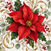 Red poinsettia with holly, berries, eucalyptus and elegant gold swirls on a white background
