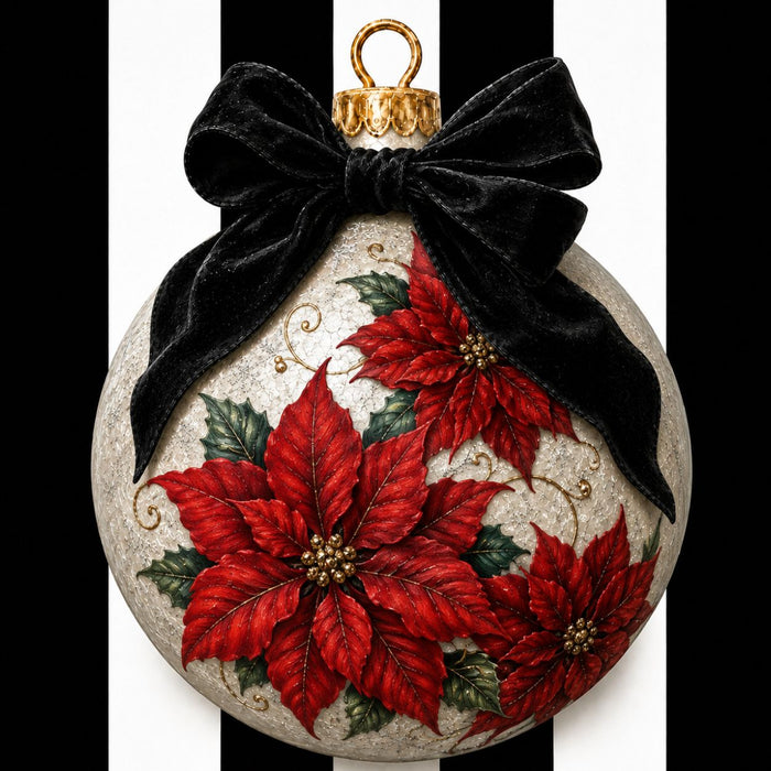 Red poinsettia ornament design Christmas metal wreath sign with black bow and black and white striped background TTE-780