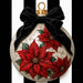 Red poinsettia ornament design Christmas metal wreath sign with black bow and black and white striped background TTE-780