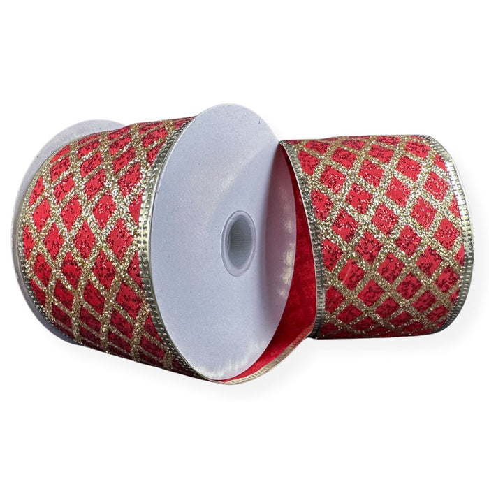 Red satin Christmas ribbon with gold glitter cross-stripe pattern and metallic gold wired edges, 2.5 inches by 10 yards.