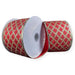 Red satin Christmas ribbon with gold glitter cross-stripe pattern and metallic gold wired edges, 2.5 inches by 10 yards.