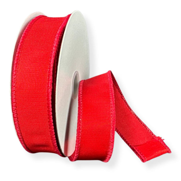 Red Susannah satin wired ribbon, 1 inch wide by 10 yards, for wreaths, bows and seasonal decorating.