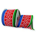 2.5-inch red satin wired ribbon with a white loop pattern and blue and green border stripes on a 10-yard roll for Christmas wreaths and bows.