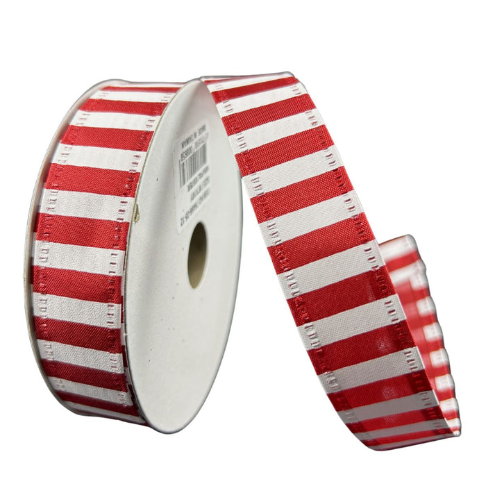 Red satin wired ribbon with classic white horizontal stripes, 7/8 inch wide.