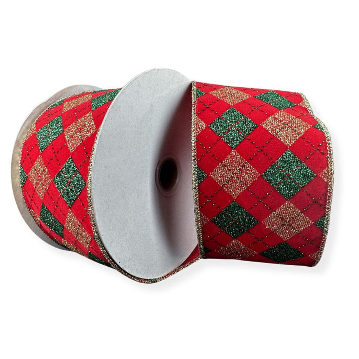 A roll of red velvet ribbon with green-gold argyle diamonds pattern, 2.5 inches in width.