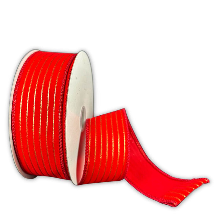 Red velvet wired ribbon with thin pressed gold stripes, 1.5 inches wide by 10 yards.