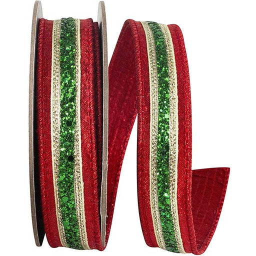 1 inch red velvet Christmas ribbon with green glitter center stripe and metallic gold trim, 5 yard roll, SKU 94288W-985-05D.