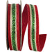 1 inch red velvet Christmas ribbon with green glitter center stripe and metallic gold trim, 5 yard roll, SKU 94288W-985-05D.