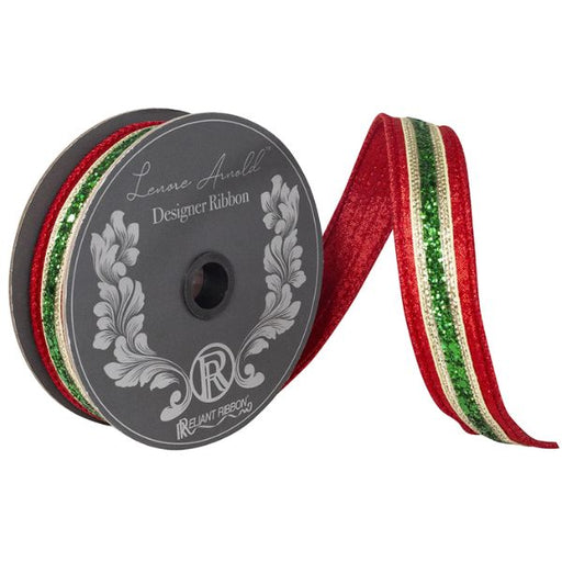 1 inch red velvet Christmas ribbon with green glitter center stripe and metallic gold trim, 5 yard roll, SKU 94288W-985-05D.