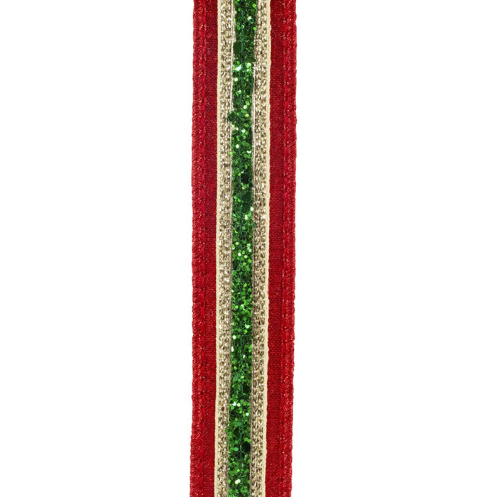 1 inch red velvet Christmas ribbon with green glitter center stripe and metallic gold trim, 5 yard roll, SKU 94288W-985-05D.