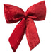 Red velvet 3D hanging Christmas bow measuring 14 by 17 inches with long tails.