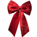 Oversized red velvet 3D Christmas hanging bow measuring 32 by 47 inches with long tails.