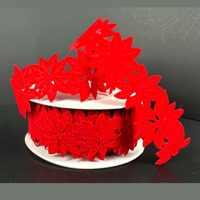 Red velvet poinsettia cutout unwired ribbon featuring connected floral shapes, 1.5 inches x 10 yards, SKU 76642-09-13.