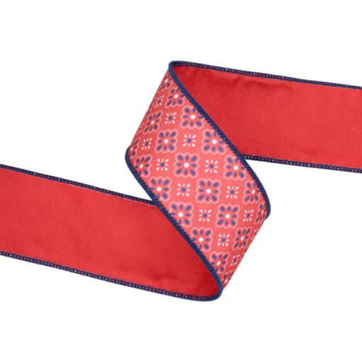 2.5" x 10. yards red, white, and blue diamond floral double-sided ribbon with red backing, wired. 9355W-032-63E