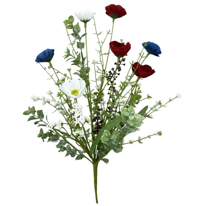 Red, white, and blue artificial poppy spray with greenery and berry accents, SKU 74265RWB.