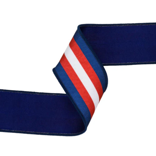 2.5" Red, white, and blue, stripe, white stripe in the center on Dupioni, double sided ribbon with blue backing, wired. 9341W-032-63E