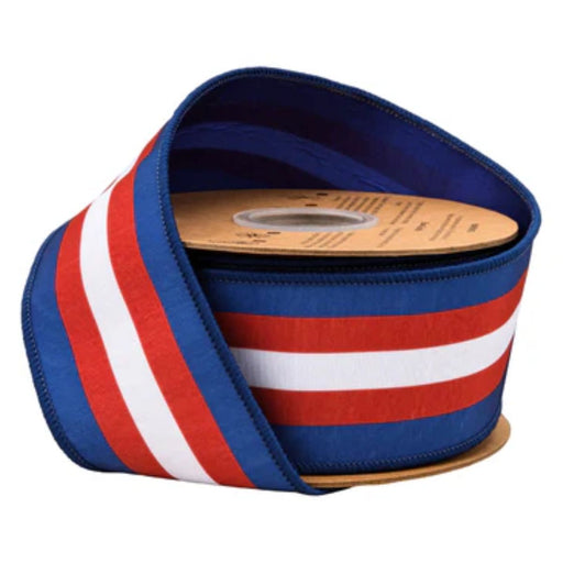 2.5" Red, white, and blue, stripe, white stripe in the center on Dupioni, double sided ribbon with blue backing, wired. 9341W-032-63E