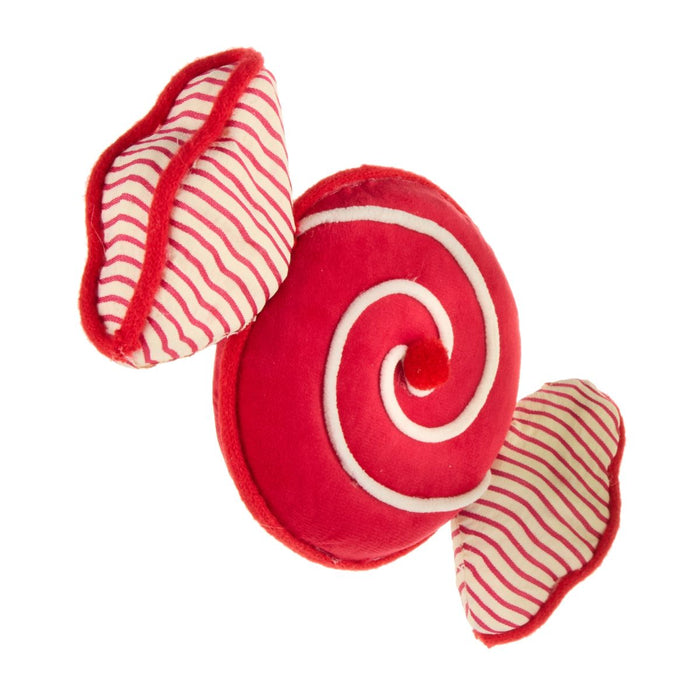 plush ornaments designed to look like wrapped candies—one red with a white swirl and one green with white stripes—rest on a white background. The 9.25″ Velvet & Seersucker Candy Ornament from RAZ Imports (item 4603590) brings vibrant color and soft texture to your holiday décor, making it perfect for adding a festive, candy-inspired accent to your Christmas tree or seasonal displays.
