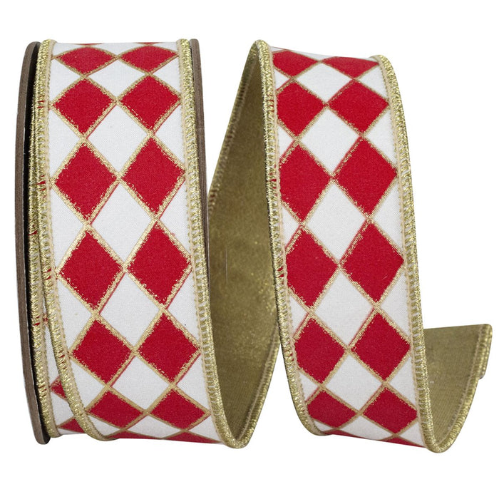 Red and white harlequin diamond wired Christmas ribbon with metallic gold outlines, gold wired edges and solid gold backing, 1.5 inches x 10 yards, SKU 94602W-036-09F.