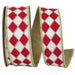 Red and white harlequin diamond wired Christmas ribbon with metallic gold outlines, gold wired edges and solid gold backing, 1.5 inches x 10 yards, SKU 94602W-036-09F.