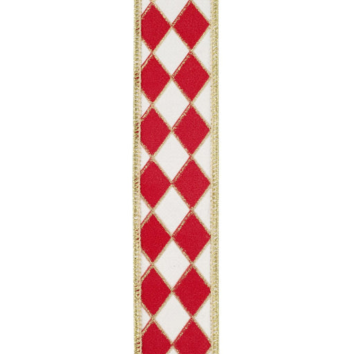 Red and white harlequin diamond wired Christmas ribbon with metallic gold outlines, gold wired edges and solid gold backing, 1.5 inches x 10 yards, SKU 94602W-036-09F.