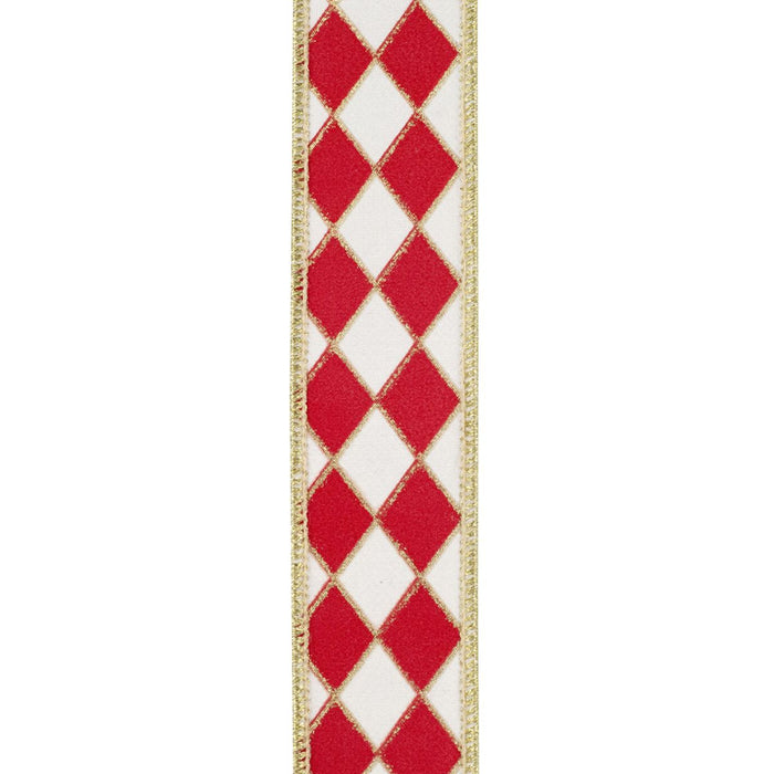 Red and white harlequin diamond wired Christmas ribbon with metallic gold outlines, gold wired edges and solid gold backing, 1.5 inches x 10 yards, SKU 94602W-036-09F.