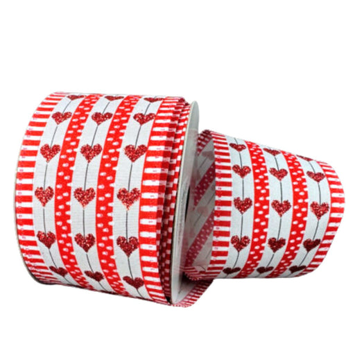 Roll of Valentine ribbon with vertical red glitter hearts on stems, red and white stripes, and polka dot patterns; 2.5 inches wide with wired red stitched edges.