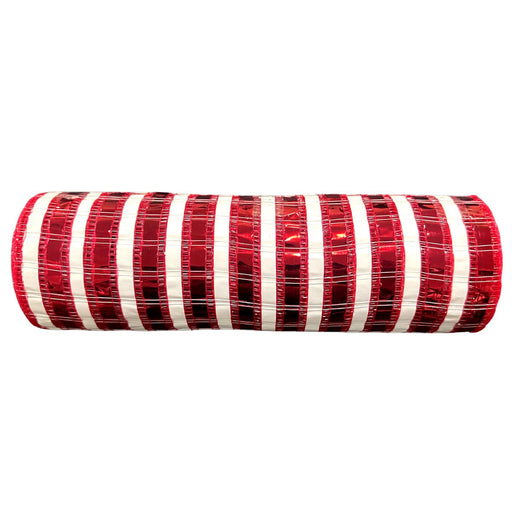 Red and white wide metallic stripe mesh roll with candy cane styling for Christmas wreath making, 10 inches x 10 yards, SKU XB266310-01.