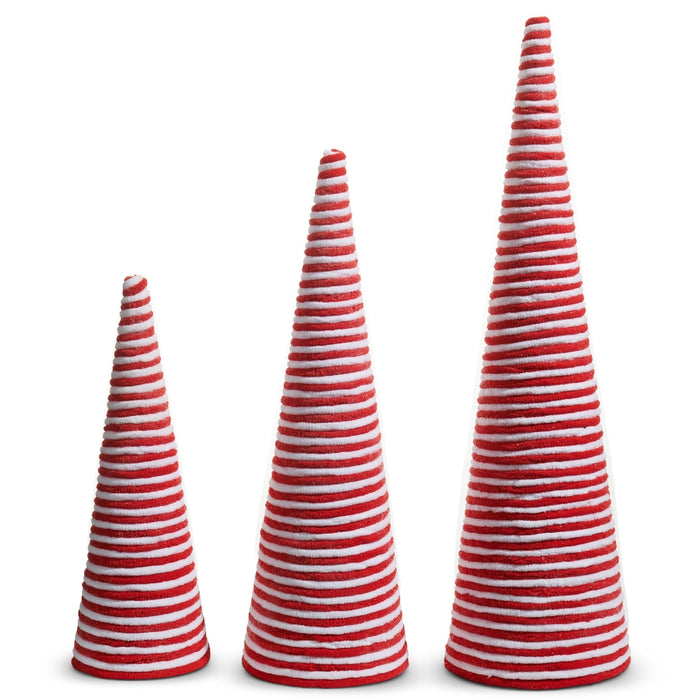Three cone-shaped objects with red and white horizontal stripes from the Set of 3 Red & White Yarn Christmas Trees | RAZ 4516713 are arranged in a row—each tree increasing in size from left to right—against a white background. These charming red and white yarn trees add a festive touch to any holiday display.