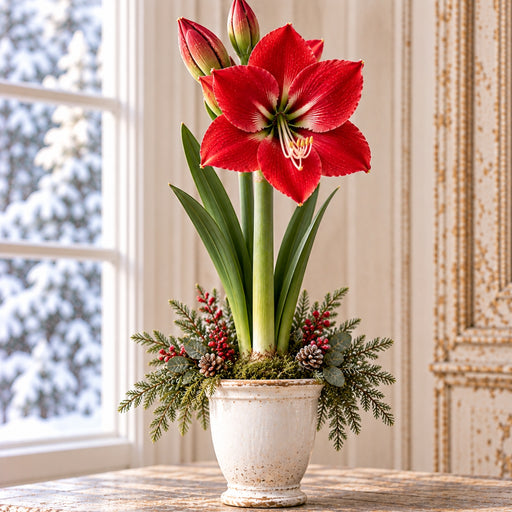Red winter amaryllis metal sign featuring a vibrant red amaryllis flower with green leaves in a cream planter surrounded by evergreen greenery, red berries, and pinecones beside a snowy window. TTE-847.